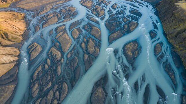 Aerial view of a braided glacial river delta braided river