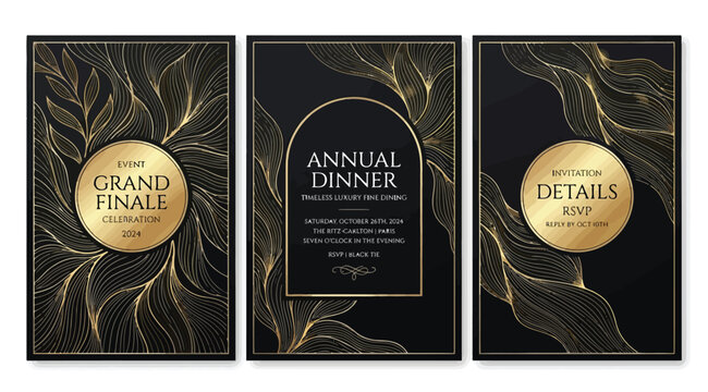 Elegant annual dinner invitation cards with gold line art