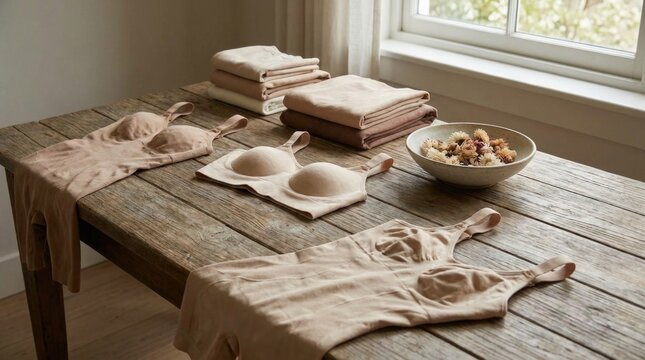 Shapewear garment, neutral nude bodysuit, beige bra, folded fabric pile, ceramic bowl with dried flower on rustic wooden table near bright window, minimalist interior display.