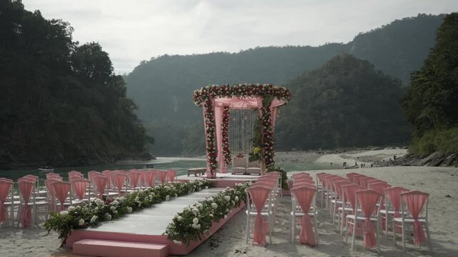 Luxury Beach Side Wedding Decoration Setup with Ocean View, Floral Mandap, Elegant Ceremony Design, and Romantic Destination Wedding Atmosphere