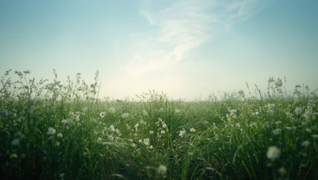 Quiet spring background with soft diffuse light on green vegetation and a calm blue sky