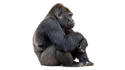 Large dark gorilla silverback sitting in thoughtful pose isolated on transparent background cut out © Hanna