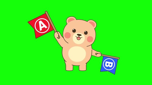 AとBの旗を様々な動きで上にあげるくまのキャラクターアニメーション