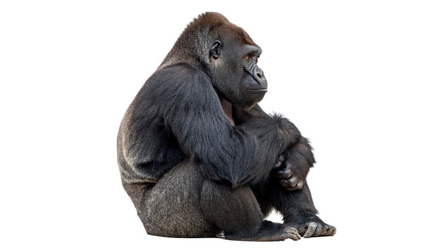 Large dark gorilla silverback sitting in thoughtful pose isolated on transparent background cut out