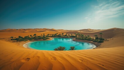 Obraz premium Wide desert oasis featuring vibrant water pools amid sand dunes