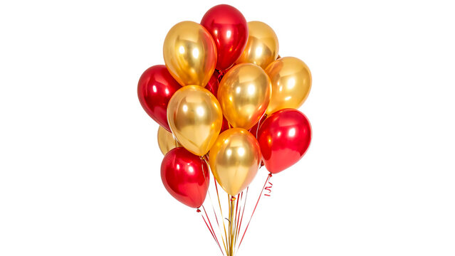 Bunch of festive glossy yellow and red helium balloons isolated on transparent background cut out