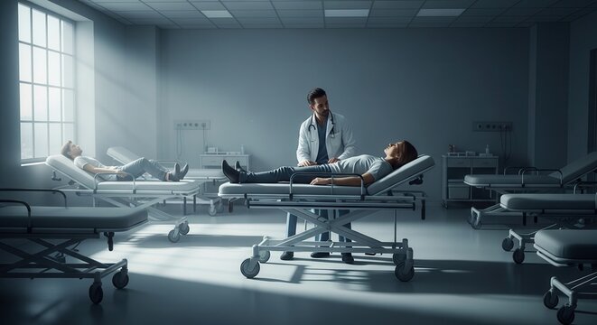 Doctor Consults Patient In Stark Hospital Examining Room With Beds Lying Empty