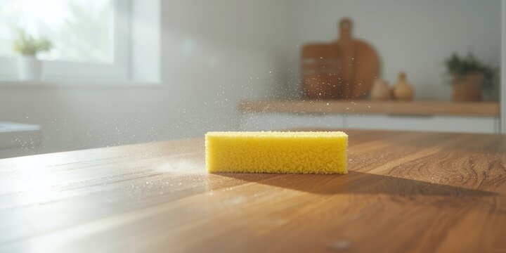 Yellow sponge in action removing dust from smooth wood surfaces