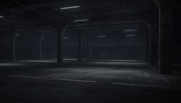 Abandoned warehouse interior with dim lighting and empty space