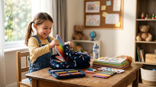 Happy young girl packing her school backpack with colorful supplies at a wooden table in a bright room, preparing for school.