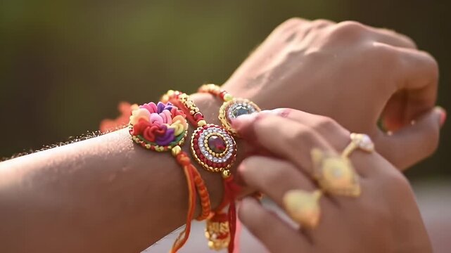 Hands adorned with Rakhi bracelets and gold rings