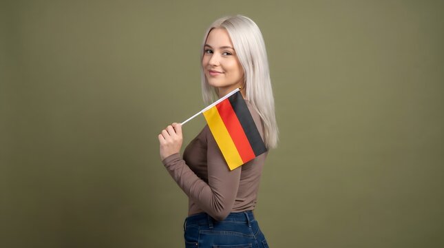 Young blonde woman smiling while holding a small german flag against a muted green studio background