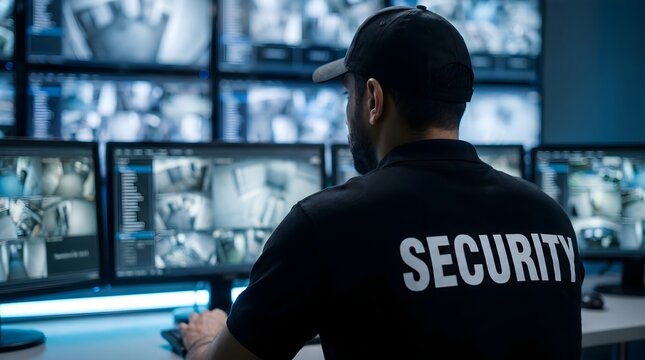 Professional security guard wearing a black uniform monitoring multiple digital screens in a dark control room