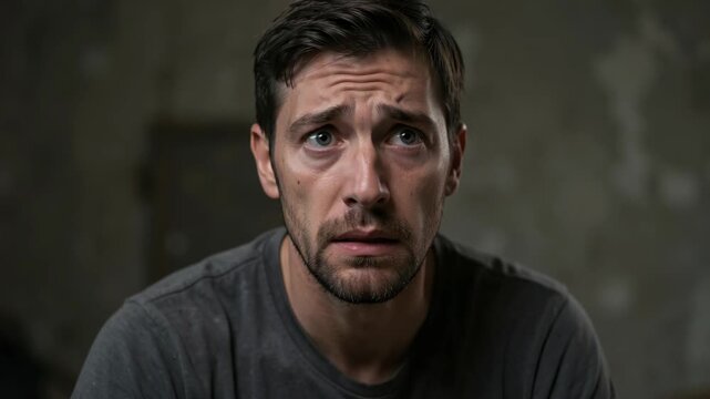 Close-up of a man looking up with surprise on his face.