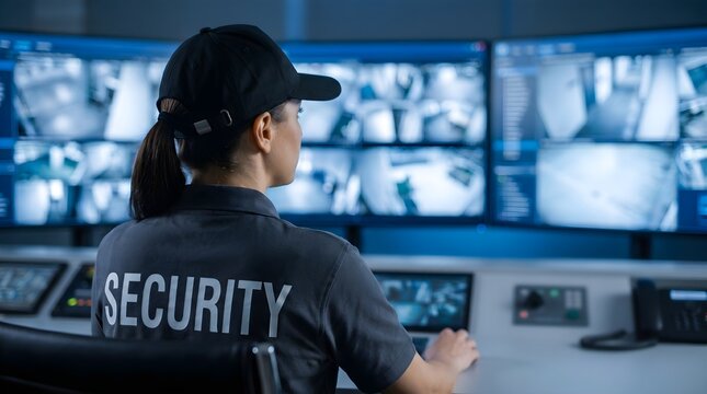 Professional female security guard monitoring multiple digital surveillance screens inside a dark high tech control room