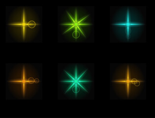 Naklejka premium Vibrant Neon Light Effects with Starburst and Bokeh Circles in Dark Background