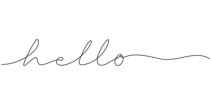 One continuous line drawing typography line art of hello word writing isolated on white background., Hello handwritten inscription
