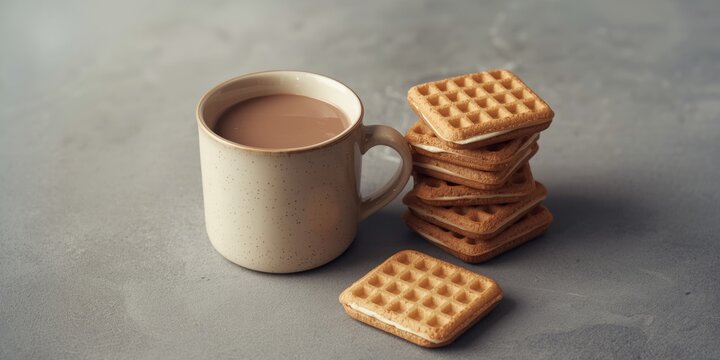 Timeless retro image of a classic mug brimming with chocolate milk beside Dutch stroopwafels on a muted gray background