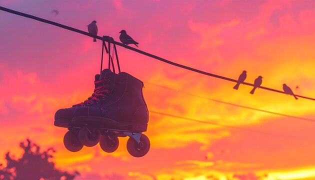 Retro roller skates with rainbow laces hanging from a wire with birds at vivid sunset, album cover art