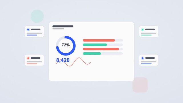 Flat design tablet dashboard with animated charts and metrics