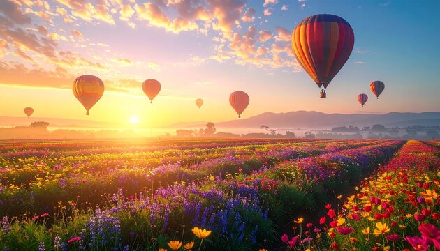 Dozens of vivid hot air balloons floating over patchwork flower fields at sunrise, scenic landscape