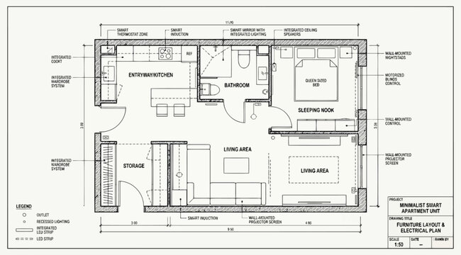Minimalist apartment unit furniture layout and electrical plan technical drawing