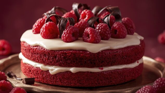 Richly textured red velvet cake topped with plump raspberries and dark chocolate curls, suitable for honoring Women's Day and joyful occasions