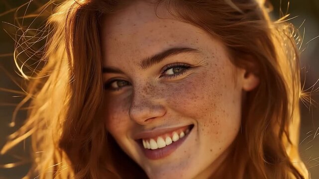 Sunlit close-up of smiling freckled woman with red hair