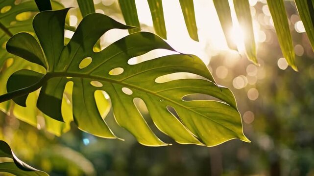 Lush green Monstera leaf with intricate holes and veins backlit by warm golden sunlight creating a natural tropical foliage close-up with bokeh effect Keywords: leaf, green, Monstera, tropical