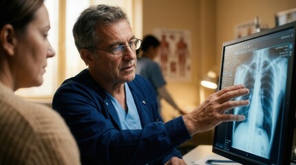 Fototapeta premium Doctor Explains X-Ray Results To Patient During Medical Consultation