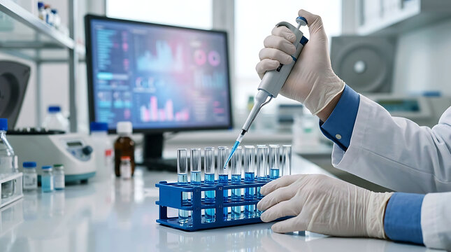 Scientist hand using micro pipette to drop liquid in test tubes in modern lab