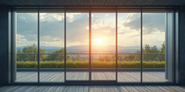 Sleek aluminum frame double glazed window displaying vivid outdoor vista and generous copy space for promotional messaging