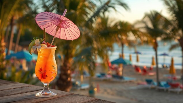 Tropical flower garnished cocktail with flamingo parasol set by colorful seaside dusk