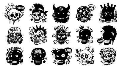 Graffiti Cartoon Skull Sticker Collection with Colorful Urban Characters Vector Set © MdMiraz