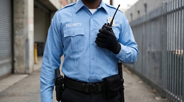 Professional security guard in a light blue uniform holding a handheld radio for emergency communication tasks