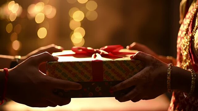 Hands exchanging a wrapped gift during Diwali festival celebration