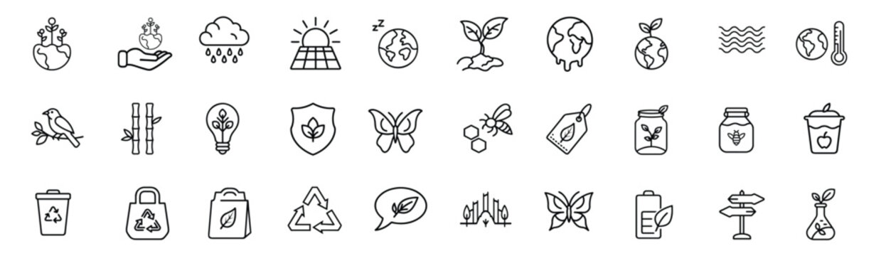 Ecology nature environment global warming renewable energy web line icons set planet leaf bulb bee butterfly bin battery & more vector illustration with editable stroke