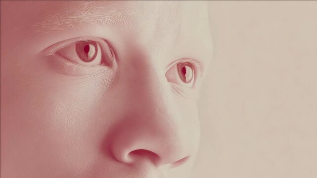Close-up of human face with pinkish hue. Eyes gaze forward with soft focus. Skin texture subtly visible under warm light. Mood feels calm and introspective