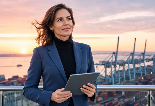 A professional logistics director holds a tablet on a high overlook. Behind her, shipping cranes, container boats of a bustling commercial port. International trade and global supply chains