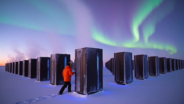 An engineer walks through rows of towering server racks set directly into a vast, snow-covered arctic plain. Billowing steam rises into a twilight sky illuminated by a vibran aurora borealis