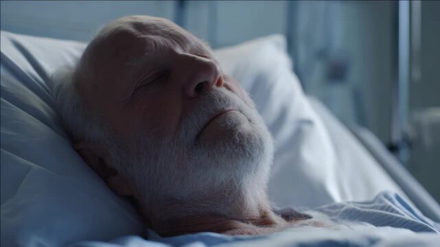An elderly man lying down in a hospital bed with his eyes closed and an expression of peacefulness or sleep.
