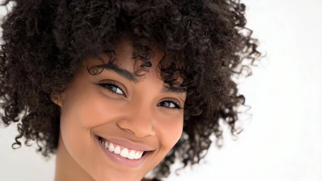 Close-up of a smiling woman's face with natural hair texture and light skin tone. Her eyes are looking slightly to the side and she has a warm, pleasant smile on her lips.