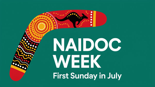 NAIDOC Week first Sunday July illustrated boomerang kangaroo dots teal background.