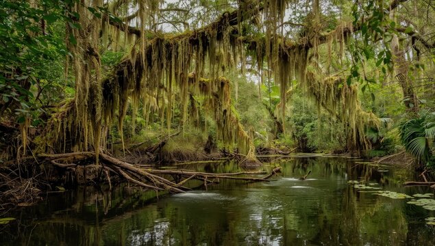 Lush green swamp with hanging moss and calm water