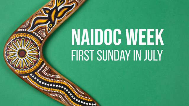 NAIDOC Week first Sunday July painted aboriginal boomerang green background banner