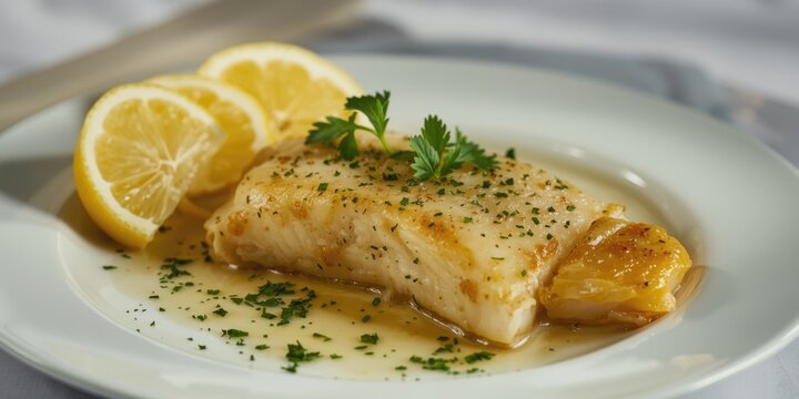 Cooked Icelandic haddock served with fresh lemon wedges and chopped parsley
