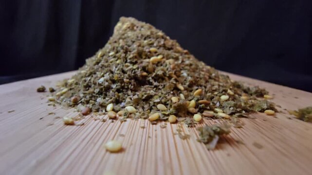 Close-up shot of a bowl filled with high-quality traditional za'atar spice mix, featuring toasted sesame seeds and aromatic dried herbs, gourmet middle eastern culinary ingredient, textured food backg