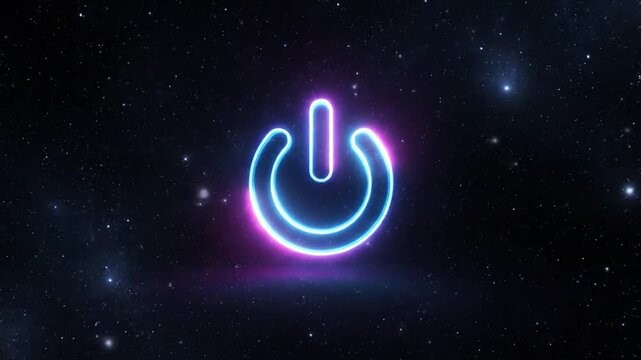 Glowing Power Button Icon animated in cosmic dust with neon blue and pink light