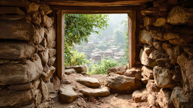 View of a village from a modest window with rocks and greenery in the foreground and houses in the distance