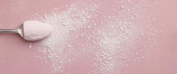 Fototapeta premium Spoon of pink powdered substance on a pink background